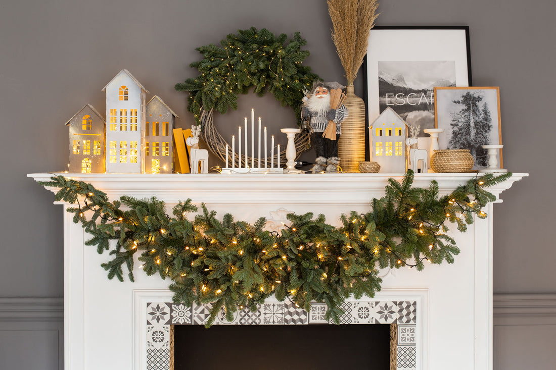 Holiday decorated fireplace mantel