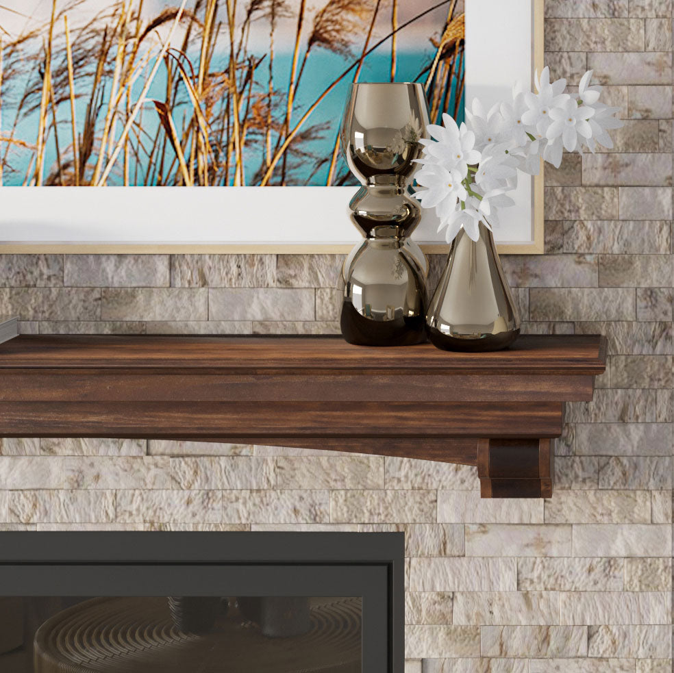 Wood mantel hung on a stone wall