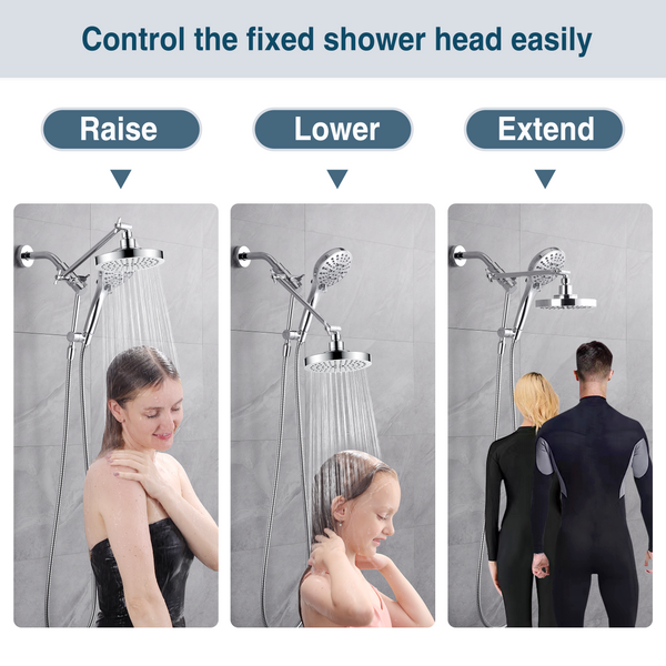 Dual Shower Head with Adjustable Extension Arm, 3-Way Diverter and Hose - detail view