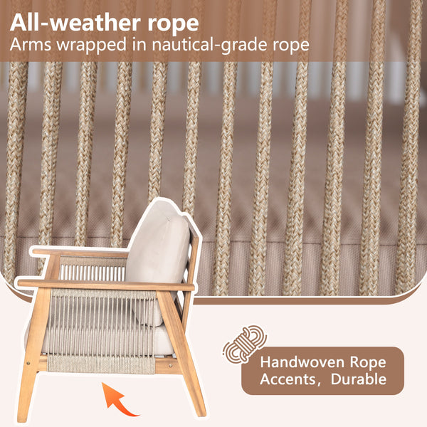 Outdoor 4pc Acacia Wood and Rope Sectional Patio Sofa Set - close-up