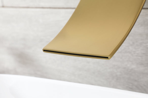 Brushed Gold Wall Mount Waterfall Bathroom Sink Faucet with Overflow Brass Pop-Up Drain