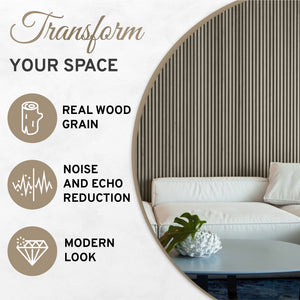 Office with gray acoustic wood wall panels