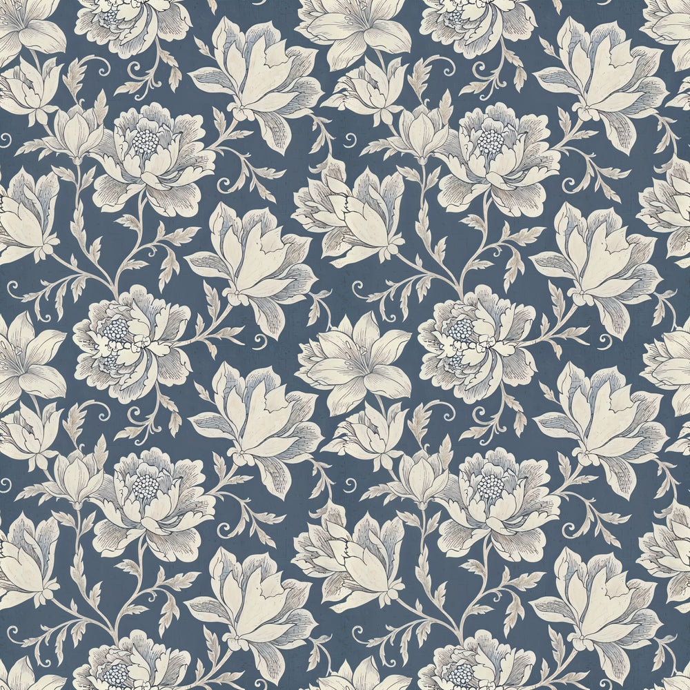 Hattie Denim peel and stick wallpaper above white beadboard in a bathroom with a pedestal sink