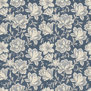 Hattie wallpaper in Denim, cream peonies and magnolias on a dusty blue ground