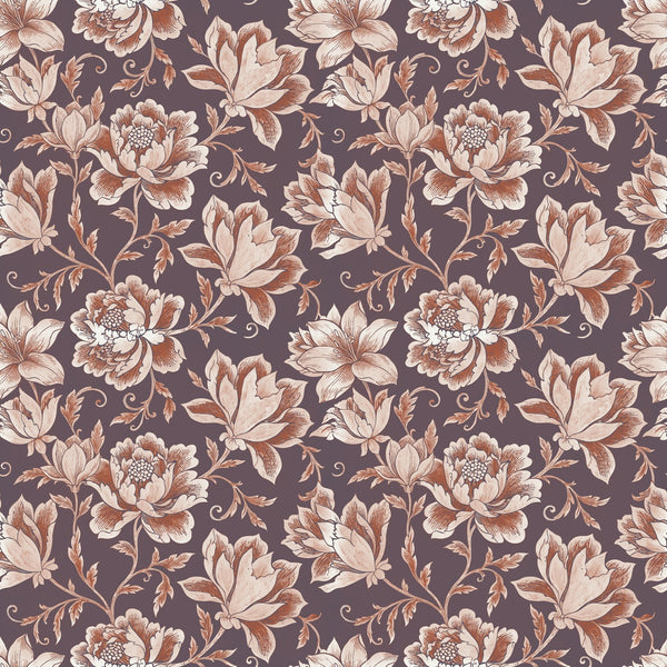 Hattie wallpaper in Terracotta, blush and terracotta florals on a deep mauve brown ground