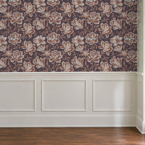 Hattie Terracotta wallpaper above white panelled wainscoting