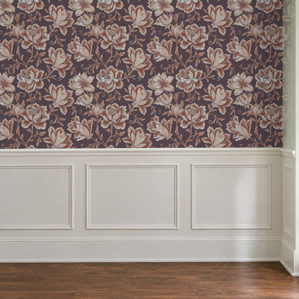 Hattie Terracotta wallpaper above white panelled wainscoting