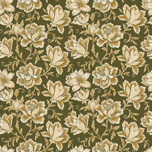 Hattie wallpaper in Forest, cream and ochre florals on an olive green ground