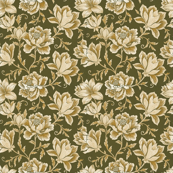 Hattie wallpaper in Forest, cream and ochre florals on an olive green ground