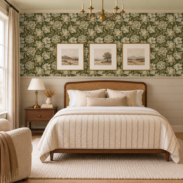 Hattie Forest wallpaper above white shiplap behind a bed with framed prints