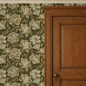 Hattie Forest wallpaper beside a dark wood panelled door
