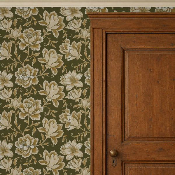 Hattie Forest wallpaper beside a dark wood panelled door