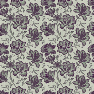 Hattie wallpaper in Plum Sage, deep plum florals on a soft sage ground