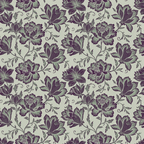 Hattie wallpaper in Plum Sage, deep plum florals on a soft sage ground
