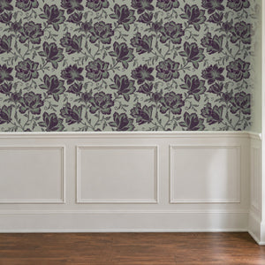 Hattie Plum Sage wallpaper above white panelled wainscoting