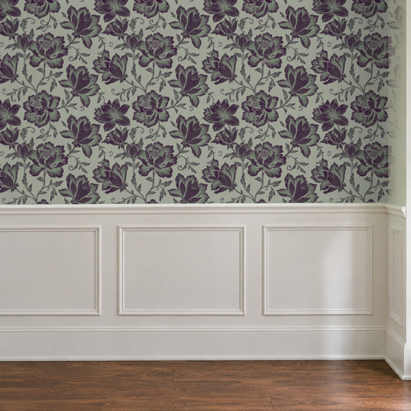 Hattie Plum Sage wallpaper above white panelled wainscoting