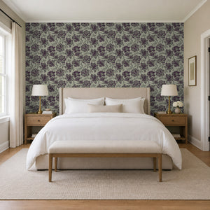 Hattie Plum Sage peel and stick wallpaper behind a bed in a bedroom