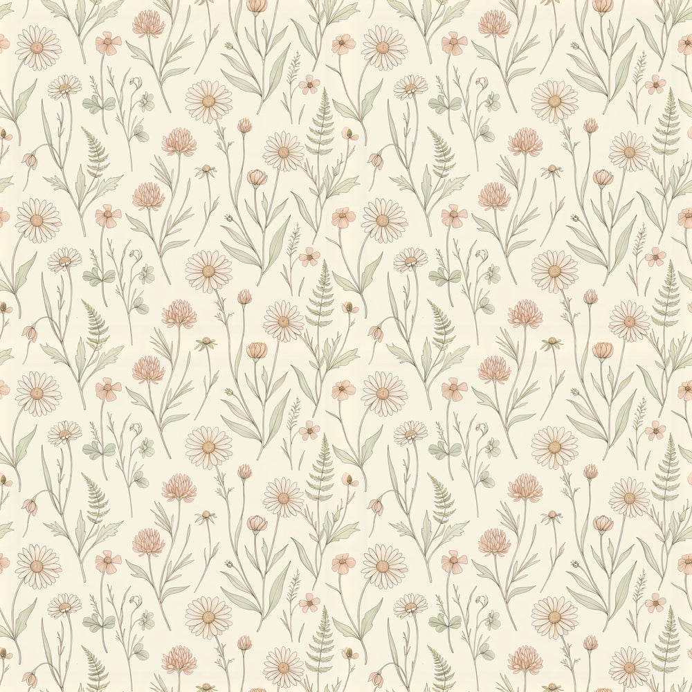 Meadow Clay peel and stick wallpaper above shiplap in a bedroom with a wood bed and framed landscape prints