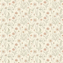 Meadow wallpaper in Clay, hand-drawn wildflowers, daisies and ferns in blush and sage on a cream ground