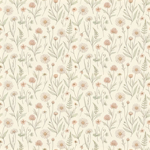 Meadow wallpaper in Clay, hand-drawn wildflowers, daisies and ferns in blush and sage on a cream ground