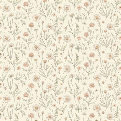 Meadow wallpaper in Clay, hand-drawn wildflowers, daisies and ferns in blush and sage on a cream ground
