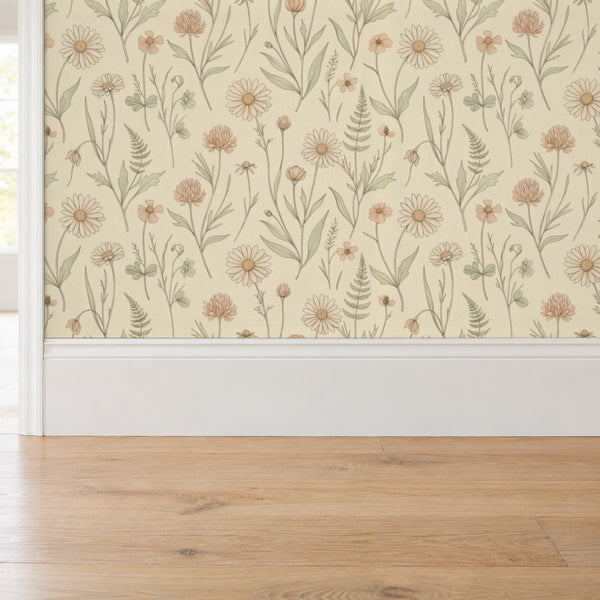Meadow Clay peel and stick wallpaper above a white baseboard and oak floor