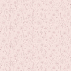 Meadow wallpaper in Blush, hand-drawn wildflowers, daisies and ferns in rose on a soft pink ground