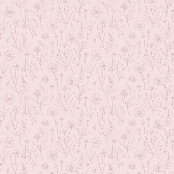 Meadow wallpaper in Blush, hand-drawn wildflowers, daisies and ferns in rose on a soft pink ground