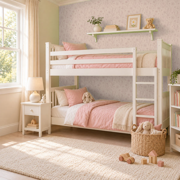 Meadow Blush peel and stick wallpaper in a girl's bedroom with white bunk beds