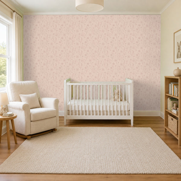 Meadow Blush peel and stick wallpaper in a nursery with a white crib and a rocking chair