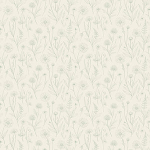 Meadow wallpaper in Linen, hand-drawn wildflowers, daisies and ferns in soft sage on a warm white ground