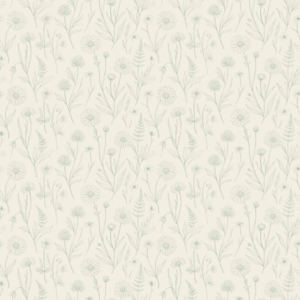 Meadow wallpaper in Linen, hand-drawn wildflowers, daisies and ferns in soft sage on a warm white ground
