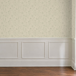 Meadow Linen peel and stick wallpaper above white panel wainscoting