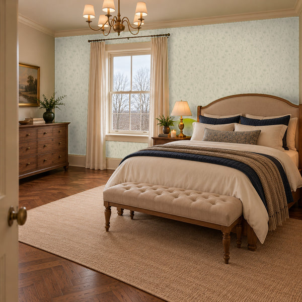 Meadow Linen peel and stick wallpaper in a bedroom with a tall window and a tufted bench