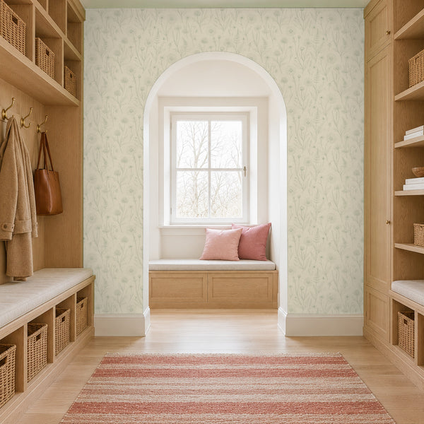 Meadow Linen peel and stick wallpaper in a mudroom with built-in cubbies and an arched window seat
