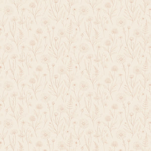 Meadow wallpaper in Sand, hand-drawn wildflowers, daisies and ferns in terracotta on a pale sand ground