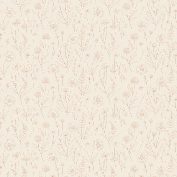 Meadow wallpaper in Sand, hand-drawn wildflowers, daisies and ferns in terracotta on a pale sand ground