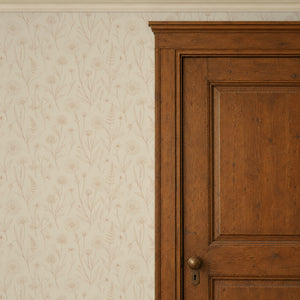 Meadow Sand peel and stick wallpaper beside a wood door