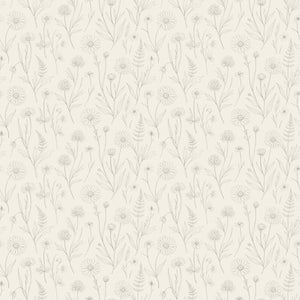 Meadow wallpaper in Cream, hand-drawn wildflowers, daisies and ferns in soft gray on a cream ground