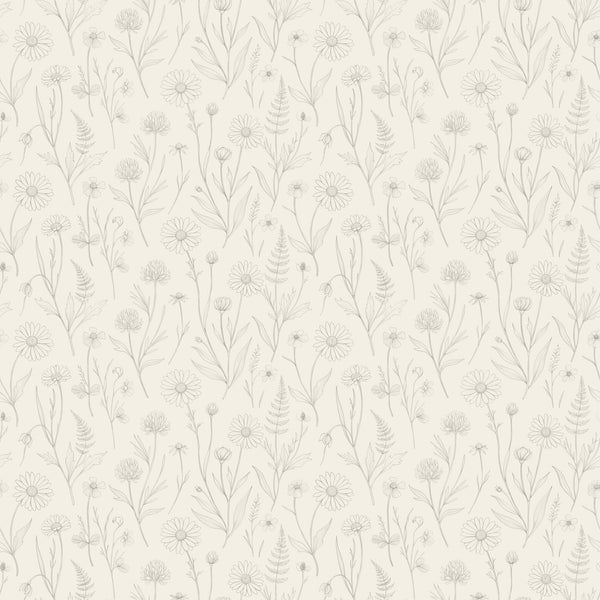 Meadow wallpaper in Cream, hand-drawn wildflowers, daisies and ferns in soft gray on a cream ground
