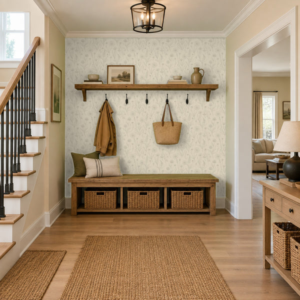 Meadow Cream peel and stick wallpaper in an entry with a bench, wall hooks and a staircase