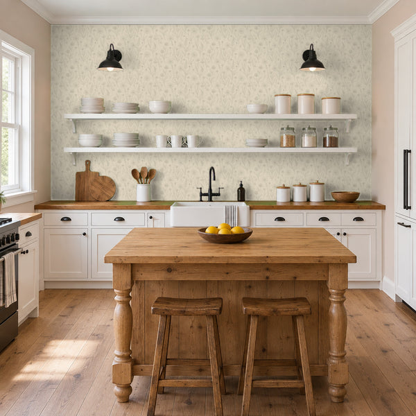 Meadow Cream peel and stick wallpaper in a kitchen with open shelves and a wood island