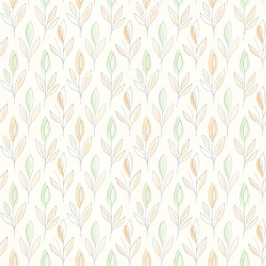 Ottilie wallpaper in Floral, sage green and peach leaf sprigs with fine gray outlines on a cream ground