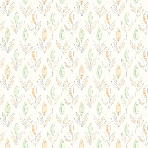 Ottilie wallpaper in Floral, sage green and peach leaf sprigs with fine gray outlines on a cream ground