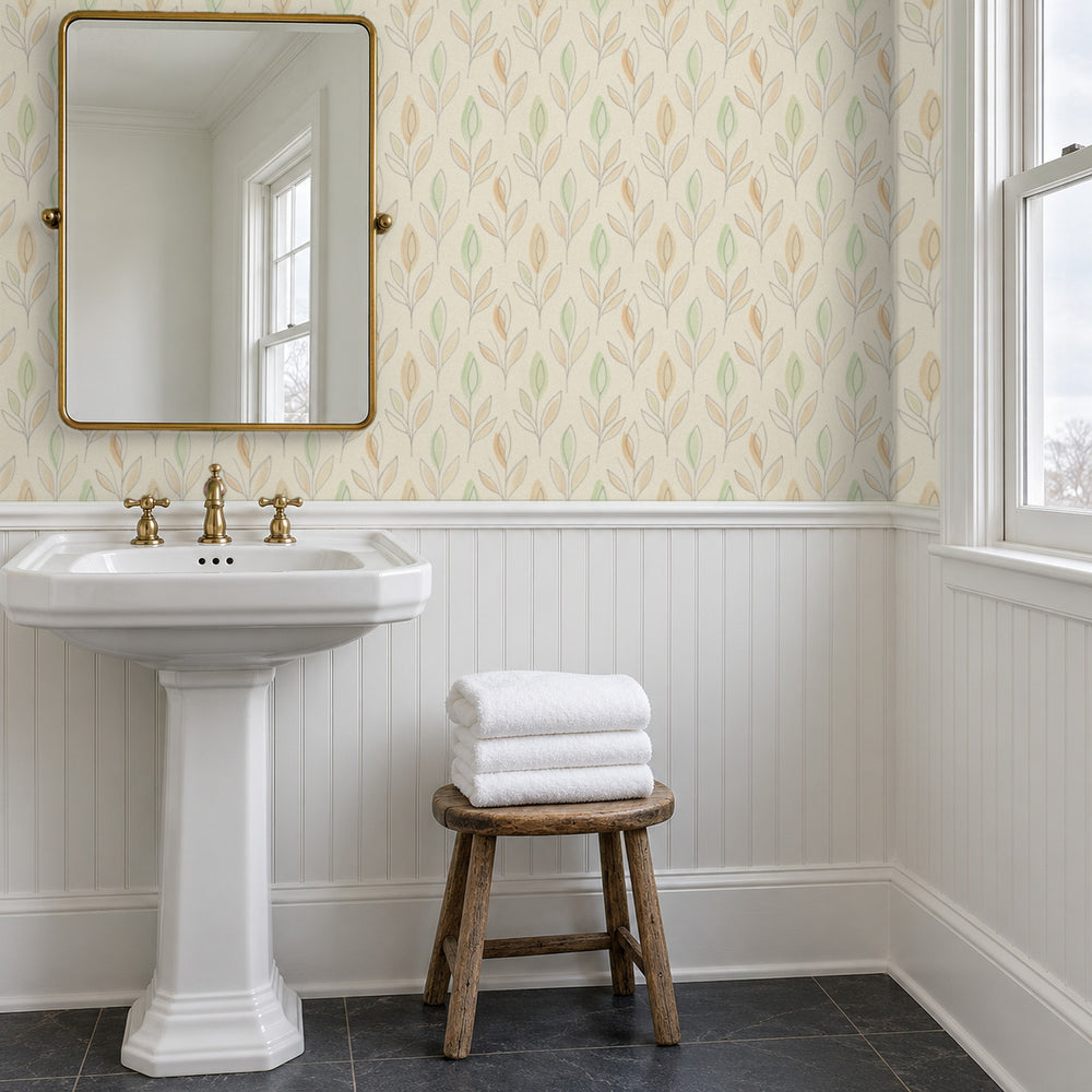 Ottilie Floral peel and stick wallpaper above beadboard in a bathroom with a pedestal sink