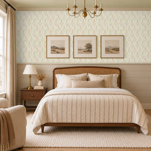 Ottilie Floral peel and stick wallpaper above shiplap in a bedroom with a wood bed and framed landscape prints