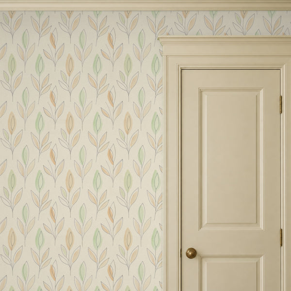 Ottilie Floral peel and stick wallpaper beside a cream paneled door