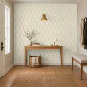 Ottilie Floral peel and stick wallpaper in an entry with a wood console, a bench and a brass wall light