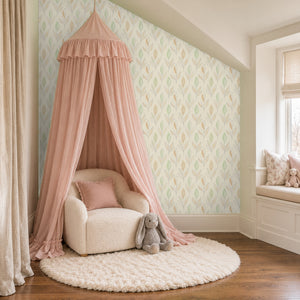 Ottilie Floral peel and stick wallpaper in a girl's reading nook with a pink canopy and a window seat