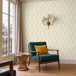 Ottilie Floral peel and stick wallpaper in a reading corner with a green armchair and a wall sconce